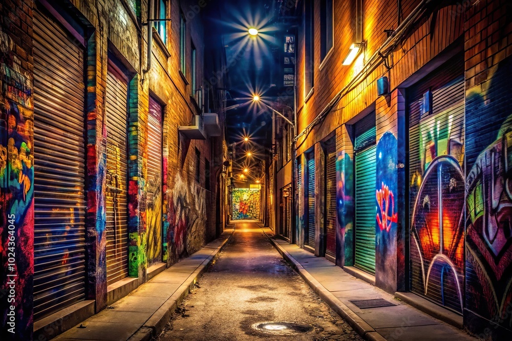 Fototapeta premium Symmetrical dimly lit alleyway with colorful graffiti at night