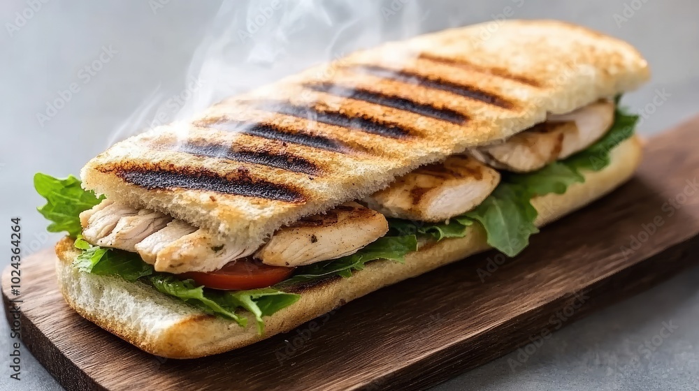 A hot grilled chicken sandwich with layers of cheese and vegetables, smoke rising from the crispy bread, perfect for menu advertising. A hot grilled chicken sandwich with layers of cheese and vegetables, smoke rising from the crispy bread, perfect for menu advertising.