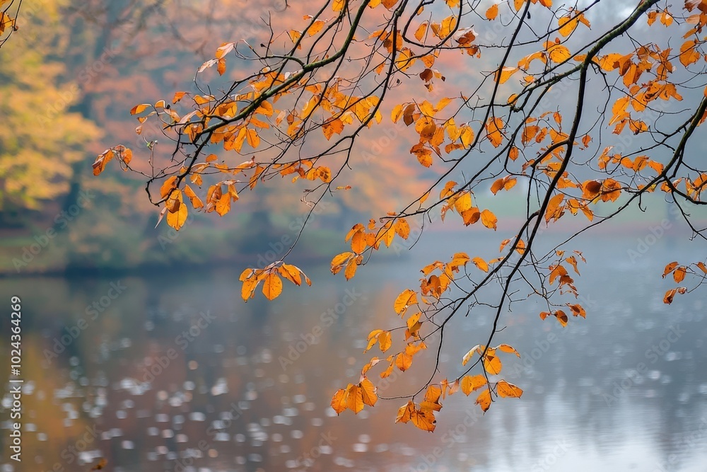 Golden autumn leaves reflect on a tranquil lake during a misty morning in nature's embrace Golden autumn leaves reflect on a tranquil lake during a misty morning in nature's embrace