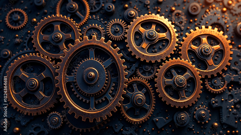 Gears and teeth in a dynamic arrangement, illuminated by warm light, showcasing mechanical beauty and innovation. Gears and teeth in a dynamic arrangement, illuminated by warm light, showcasing mechanical beauty and innovation.