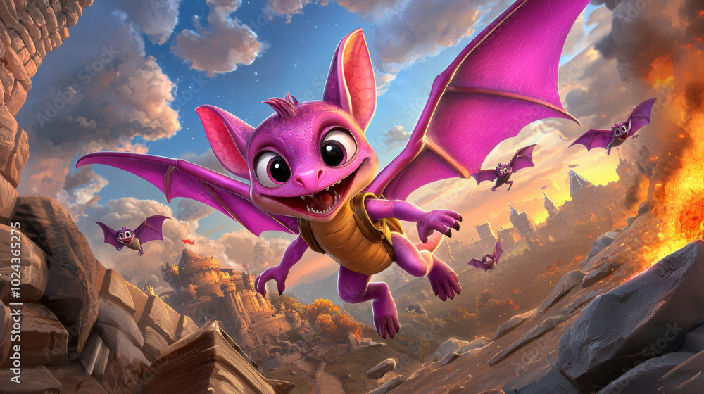 Playful Pink Bat Flying in a Colorful Fantasy Scene Playful Pink Bat Flying in a Colorful Fantasy Scene