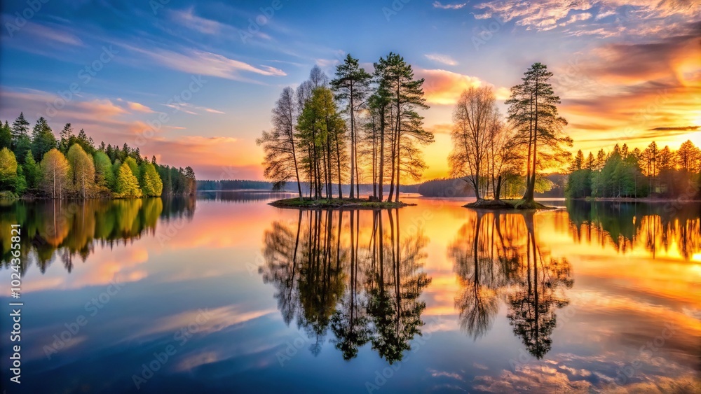 Obraz premium Symmetrical evening landscape of trees and lake at sunset in Finnish nature in spring