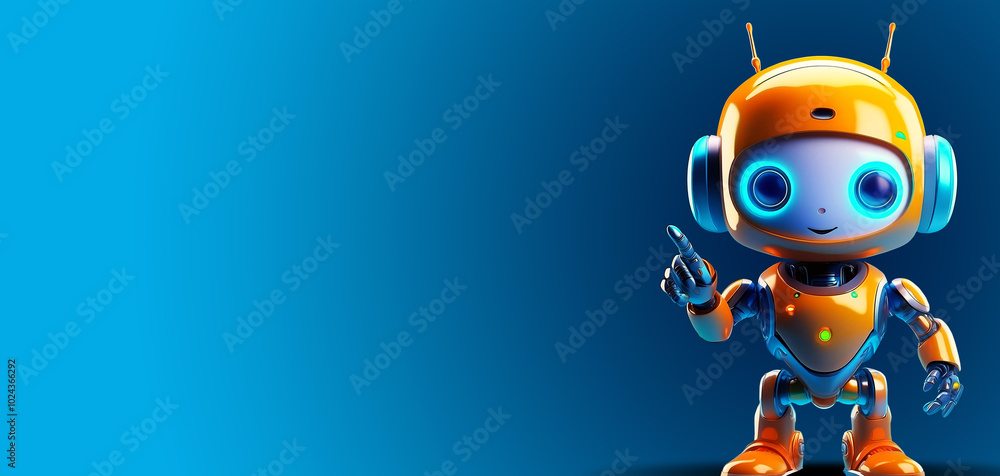 Closeup of a cute adorable blue and orange robot with a sleek design pointing enthusiastically an empty area next to it against a blue background with copy space. Wide angle banner. Generative Ai. Closeup of a cute adorable blue and orange robot with a sleek design pointing enthusiastically an empty area next to it against a blue background with copy space. Wide angle banner. Generative Ai.
