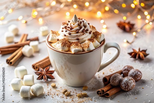 Symmetrical festive cup of hot chocolate with whipped cream, cocoa sprinkle, and floating mini marshmallows on crisp white backdrop