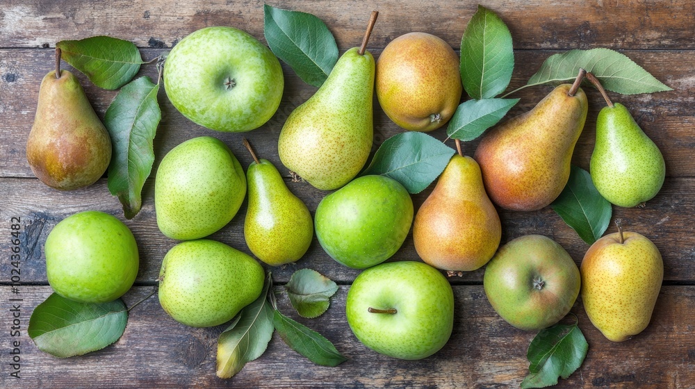 Fresh Green Pear Arrangement on Wooden Surface Fresh Green Pear Arrangement on Wooden Surface