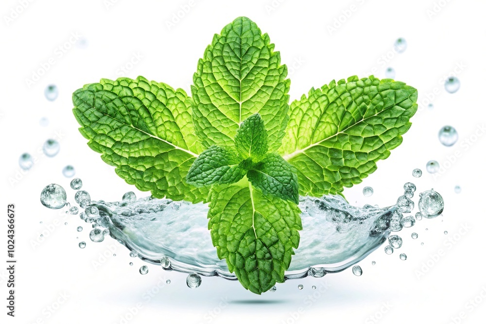 Symmetrical fresh mint leaves with water drops isolated on white background Symmetrical fresh mint leaves with water drops isolated on white background