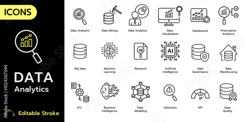 Data Analytics line icon set. Containing Analytics,  Data, Data Visualization icons. icons vector collection.	
