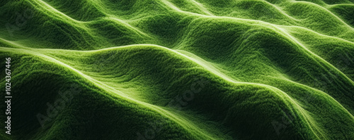 Green, grassy, shiny hills with an abstract pattern of wavy lines blurred natural landscape background. 