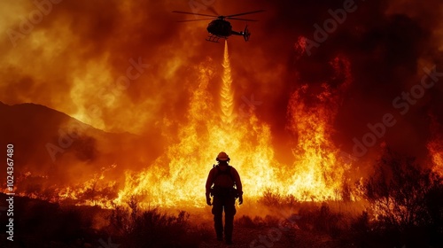 Helicopter water drop on massive wildfire, firefighter standing in front, engulfing flames and heavy smoke create a powerful scene of action photo