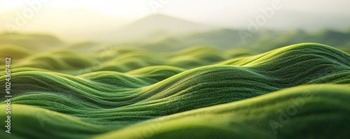 Green, grassy, sunlit hills with an abstract pattern of wavy lines and curves blurred natural landscape background. 