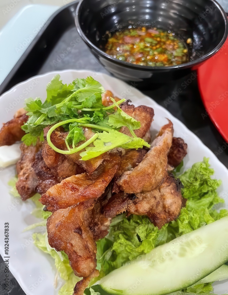 Crispy Fried Meat with Fresh Vegetables and Sauce Crispy Fried Meat with Fresh Vegetables and Sauce