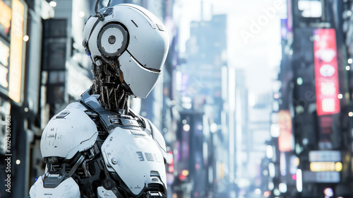 A humanoid robot in a futuristic city