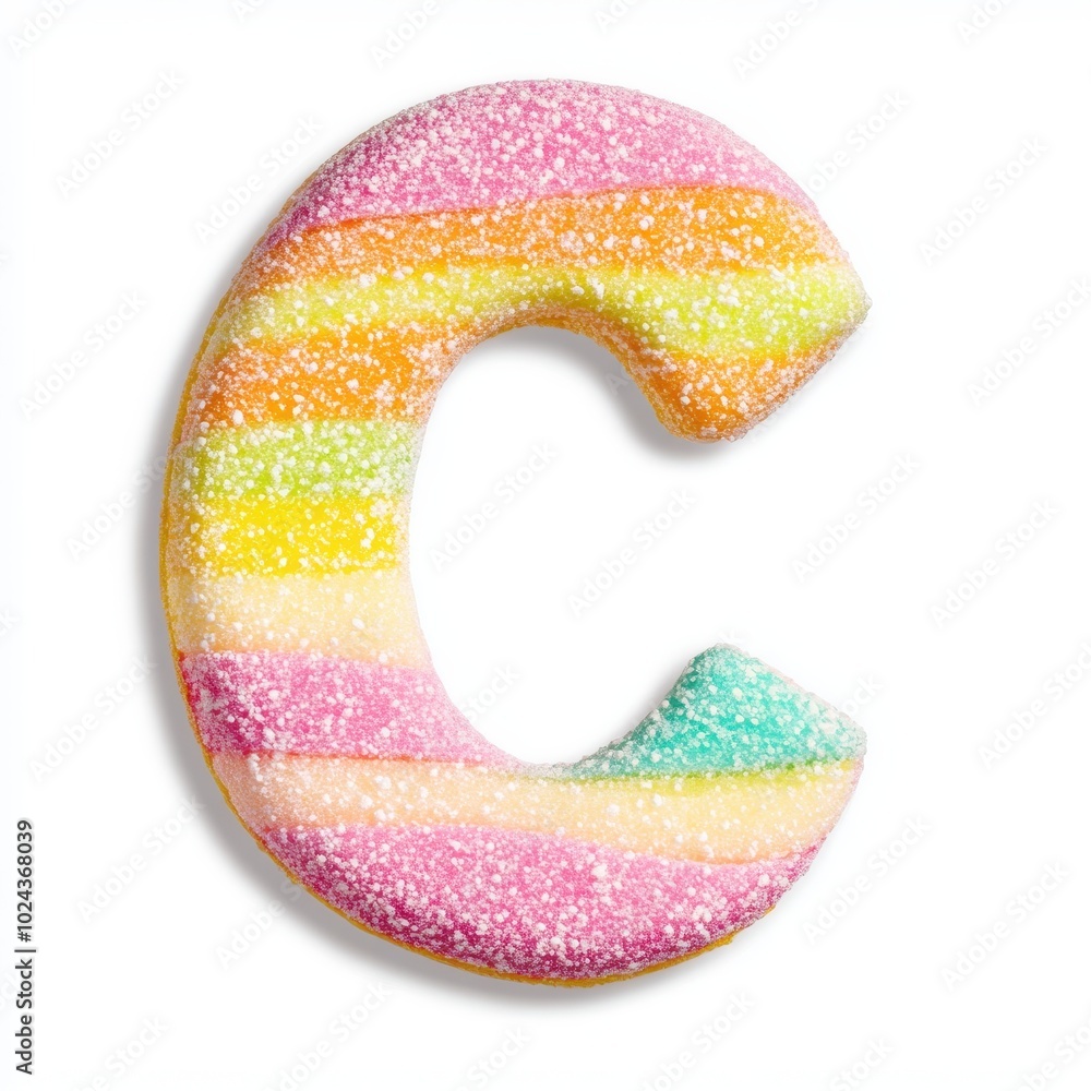 A colorful, sugary letter 'C' shaped candy with rainbow stripes and a sparkling finish. A colorful, sugary letter 'C' shaped candy with rainbow stripes and a sparkling finish.