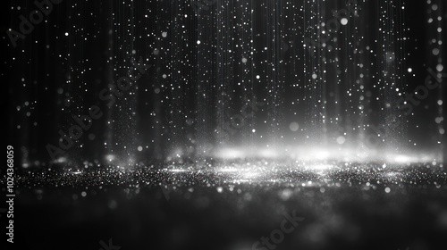 Abstract background with a silver glitter on the bottom and silver light rays streaming down from the top, on a black background.