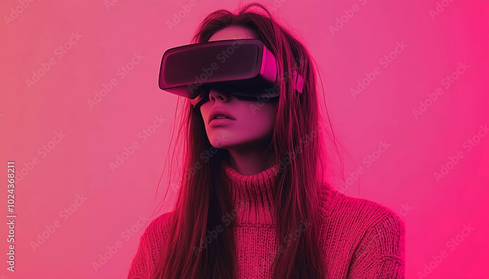 Futuristic VR Experience: Young Woman with Long Hair Wearing VR Headset on Hot Pink Background Futuristic VR Experience: Young Woman with Long Hair Wearing VR Headset on Hot Pink Background