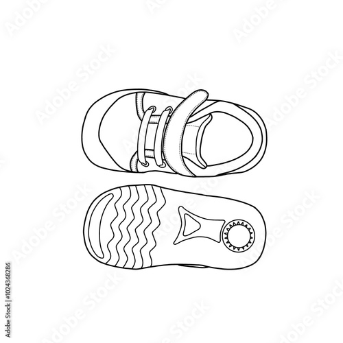 Sneakers for toddler outline drawing. Athletic shoes. Hand-drawn illustration sneakers with velcros and anti-slip.