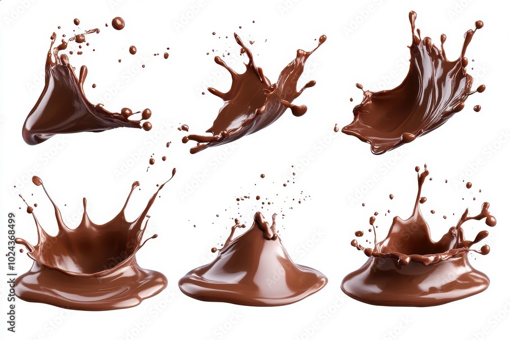 Set of 6 chocolate wavy splash in mid air isolated on white background Set of 6 chocolate wavy splash in mid air isolated on white background