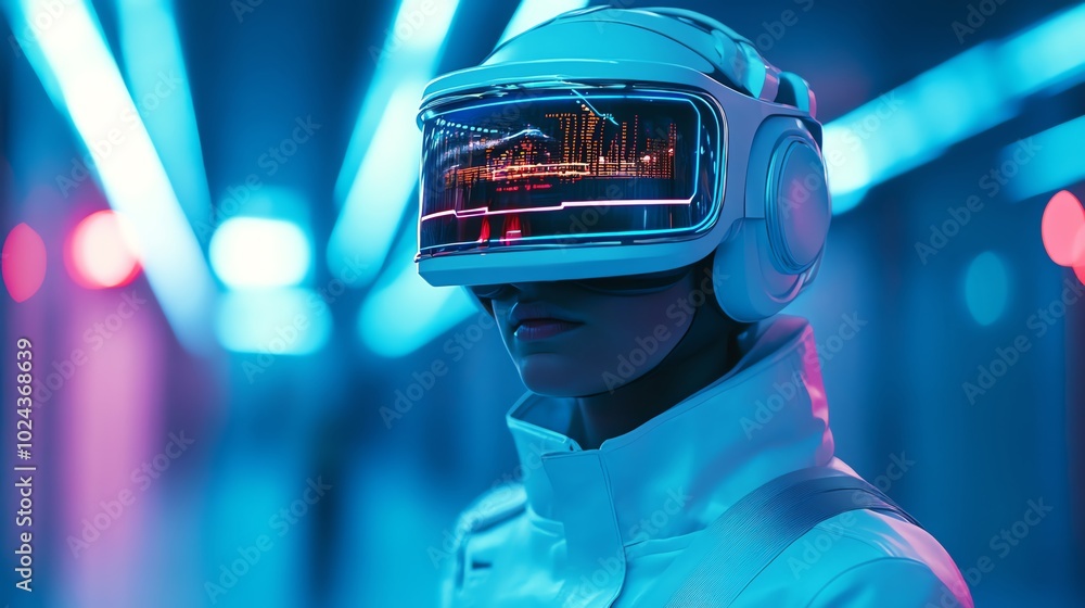 A futuristic engineer wearing virtual reality goggles in the middle of an industrial space, a holographic display on their glasses showing data and numbers, a white helmet with blue
