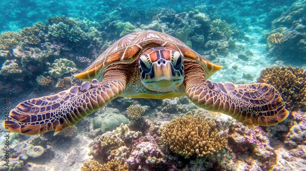 Naklejka premium Playful Turtle Swimming Underwater in Coral Reef