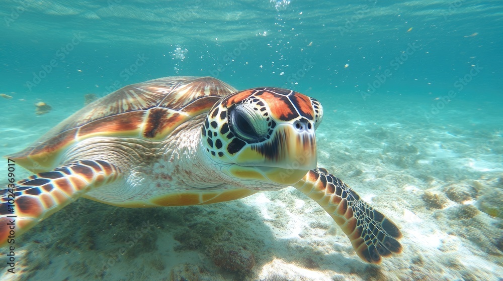 Fototapeta premium Playful Sea Turtle Swimming Underwater in Crystal Waters