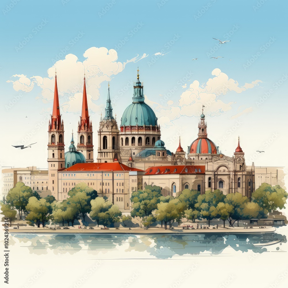 Fototapeta premium Minimalistic Vector Illustration of Budapest’s Iconic Landmarks and Cityscape