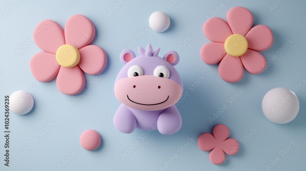 Cute Cartoon Hippo Surrounded by Colorful Flowers Cute Cartoon Hippo Surrounded by Colorful Flowers