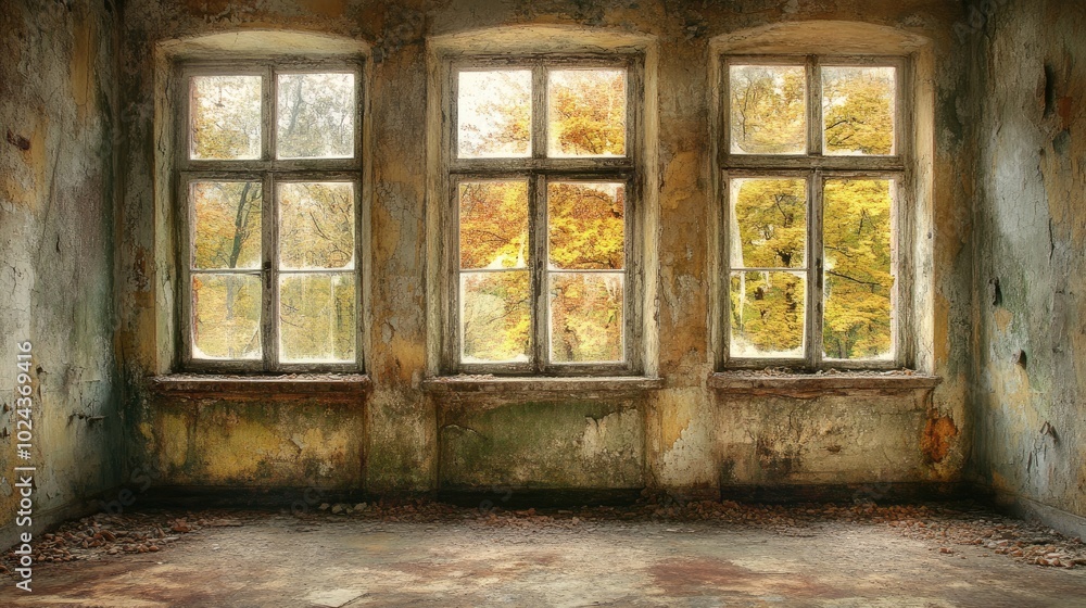 Fototapeta premium Abandoned Factory with Rusty Windows and Crumbling Walls