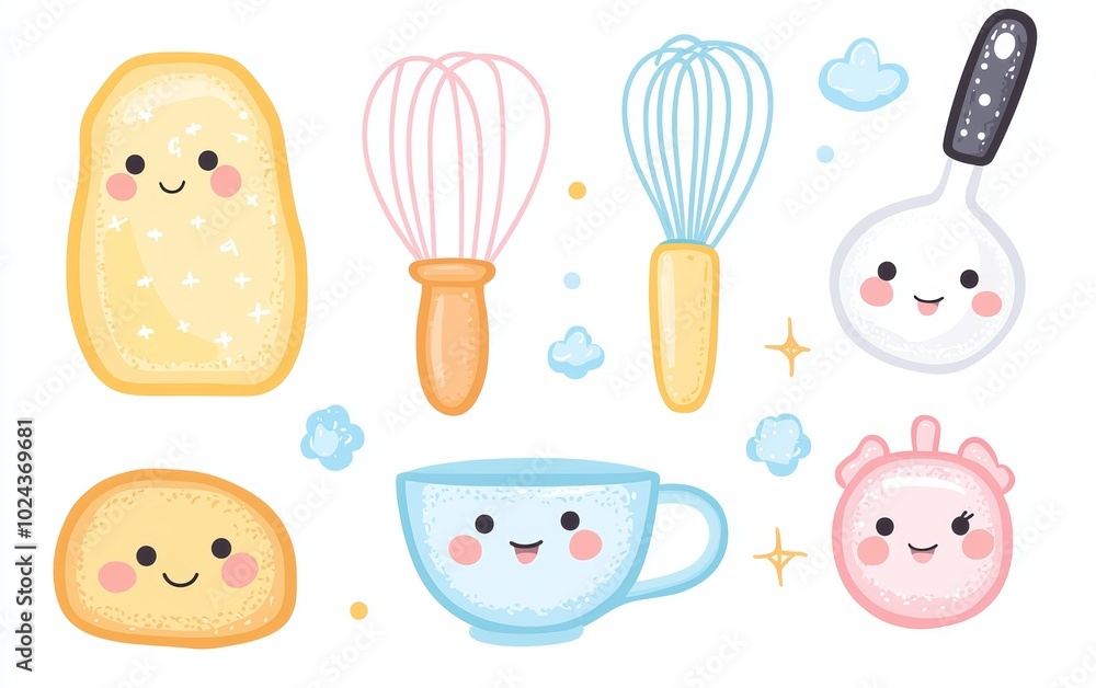 A set of kawaii pastel baking utensils like whisks, rolling pins, and bowls with cute faces, perfect for stickers A set of kawaii pastel baking utensils like whisks, rolling pins, and bowls with cute faces, perfect for stickers