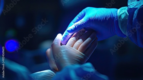 Gloved Hands Interacting Under Bright Blue Light