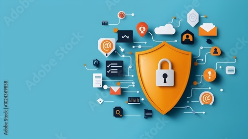 Wallpaper Mural of a cybersecurity shield with digital code and technology elements in a flat design style representing online safety data protection and network security Torontodigital.ca