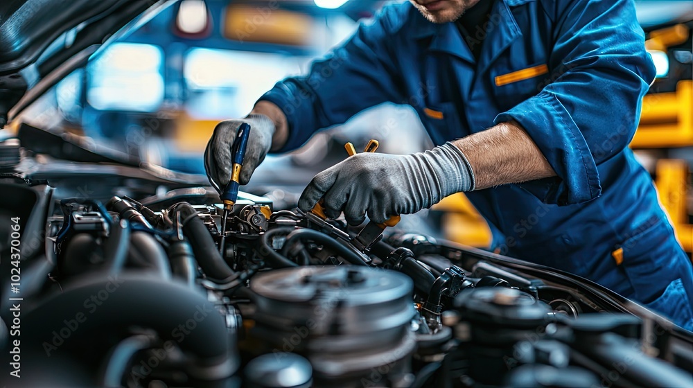 auto mechanic working on car engine in auto repair shop, service and maintenance concept auto mechanic working on car engine in auto repair shop, service and maintenance concept