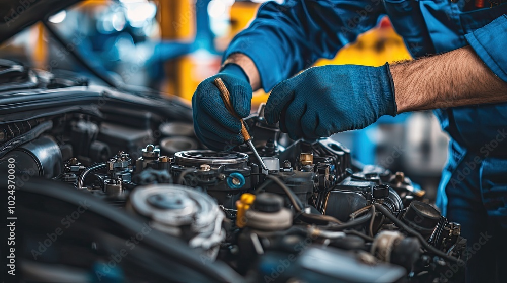 auto mechanic working on car engine in auto repair shop, service and maintenance concept auto mechanic working on car engine in auto repair shop, service and maintenance concept