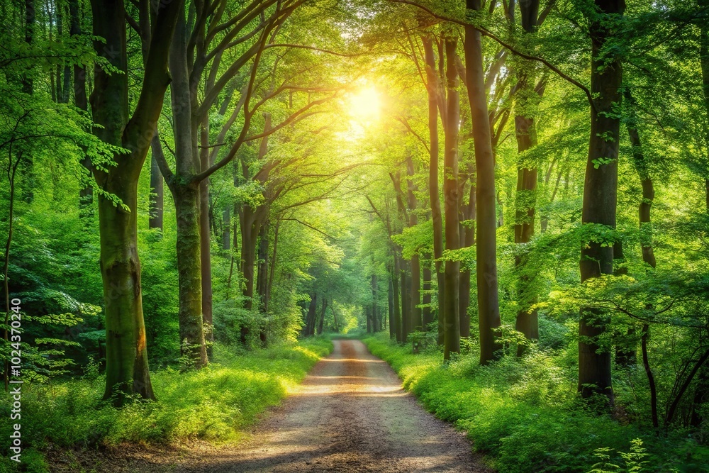 Fototapeta premium Symmetrical idyllic forest pathway through dense greenery, tranquil woodland scene with sun dappled trees and verdant underbrush