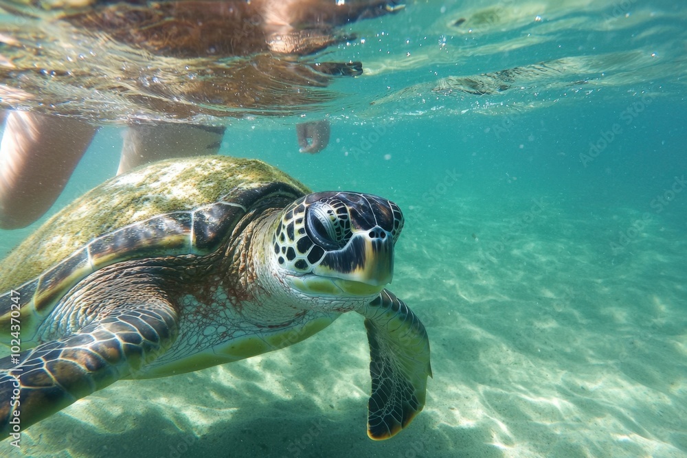 Fototapeta premium A curious sea turtle glides gracefully through the turquoise waters of a tranquil lagoon