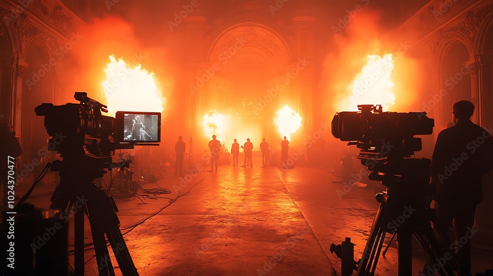 Fototapeta premium Film crew filming a scene with fire effects in an old building.