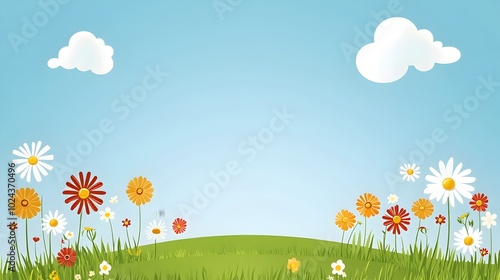 Vibrant Spring Meadow with Blooming Flowers in a Flat Design Serene Pastoral Landscape with Lush Greenery Floral Botanicals and a Minimalist Nature Inspired Aesthetic