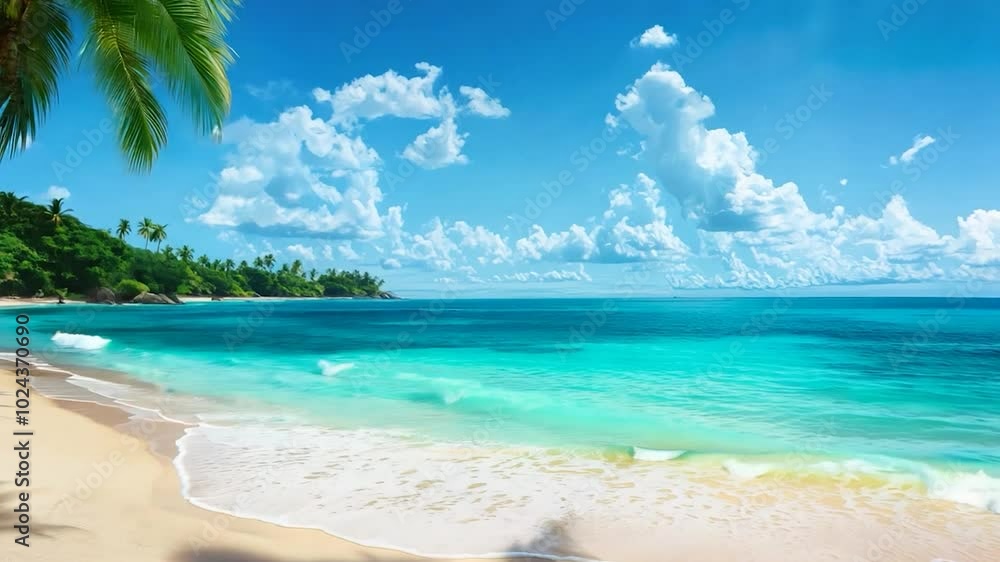 Tropical Beach Paradise with Palm Trees, Clear Blue Water, and White Sand Under a Sunny Sky Tropical Beach Paradise with Palm Trees, Clear Blue Water, and White Sand Under a Sunny Sky