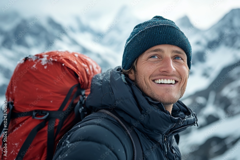 man, around his late thirties, with short brown hair, blue eyes, wearing a black winter jacket and a red backpack on his shoulder, laughing while climbing in snow-covered mountains in winter weather. man, around his late thirties, with short brown hair, blue eyes, wearing a black winter jacket and a red backpack on his shoulder, laughing while climbing in snow-covered mountains in winter weather.