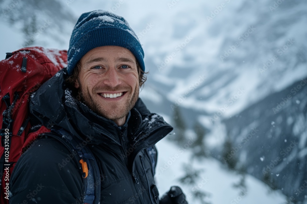 man, around his late thirties, with short brown hair, blue eyes, wearing a black winter jacket and a red backpack on his shoulder, laughing while climbing in snow-covered mountains in winter weather. man, around his late thirties, with short brown hair, blue eyes, wearing a black winter jacket and a red backpack on his shoulder, laughing while climbing in snow-covered mountains in winter weather.