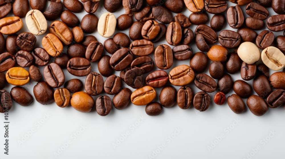 Minimalistic Display of Fresh Roasted Coffee Beans on White Background Minimalistic Display of Fresh Roasted Coffee Beans on White Background