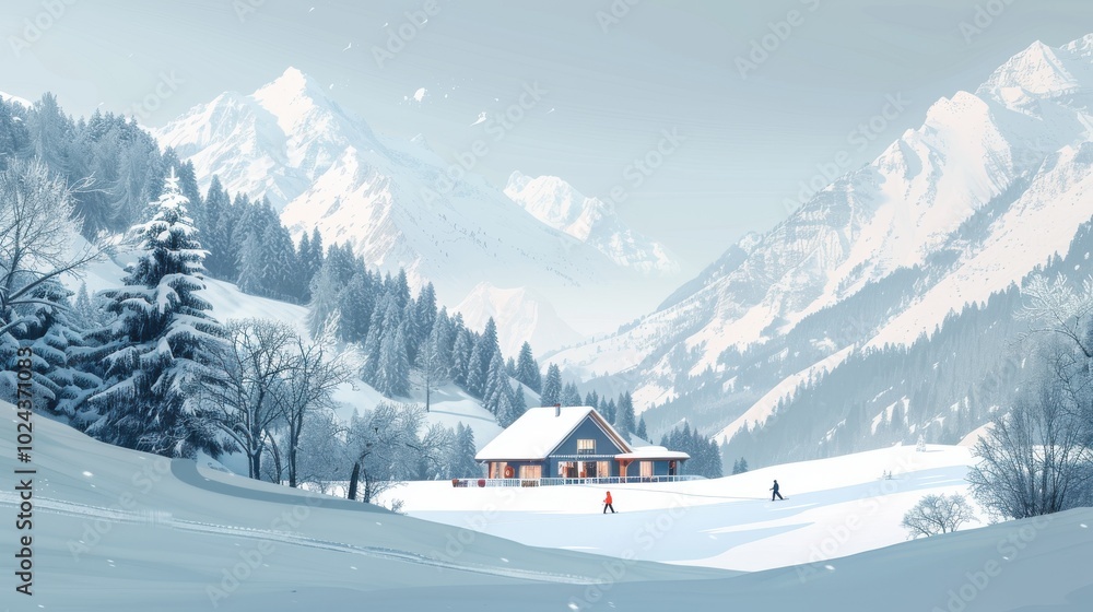 Fototapeta premium A snowy mountain landscape with a cabin in the distance
