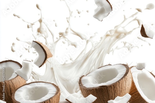 Aet of coconut milk splash in mid air isolated on white background photo