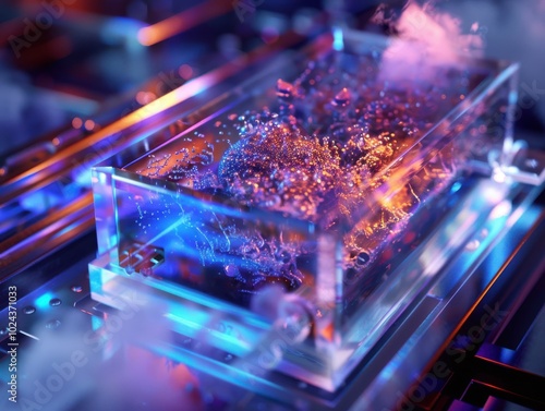 A clear box with a blue and orange liquid inside