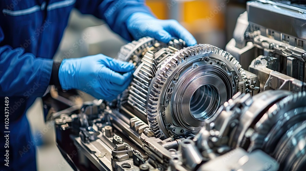 mechanic working on a gearbox, engine parts, and machinery in a modern workshop for a car repair service center mechanic working on a gearbox, engine parts, and machinery in a modern workshop for a car repair service center