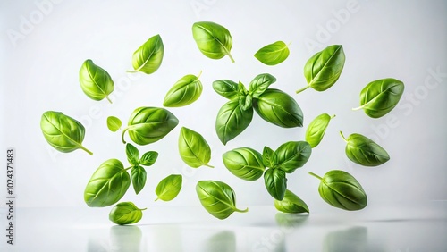 Symmetrical levitating basil leaves on a white isolated background