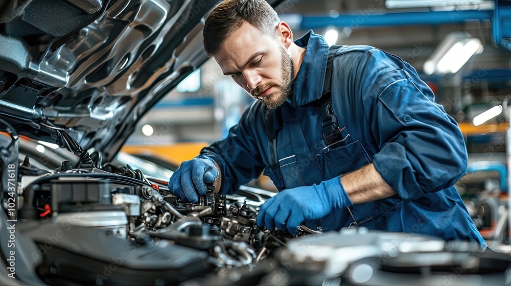 mechanic working on a gearbox, engine parts, and machinery in a modern workshop for a car repair service center mechanic working on a gearbox, engine parts, and machinery in a modern workshop for a car repair service center