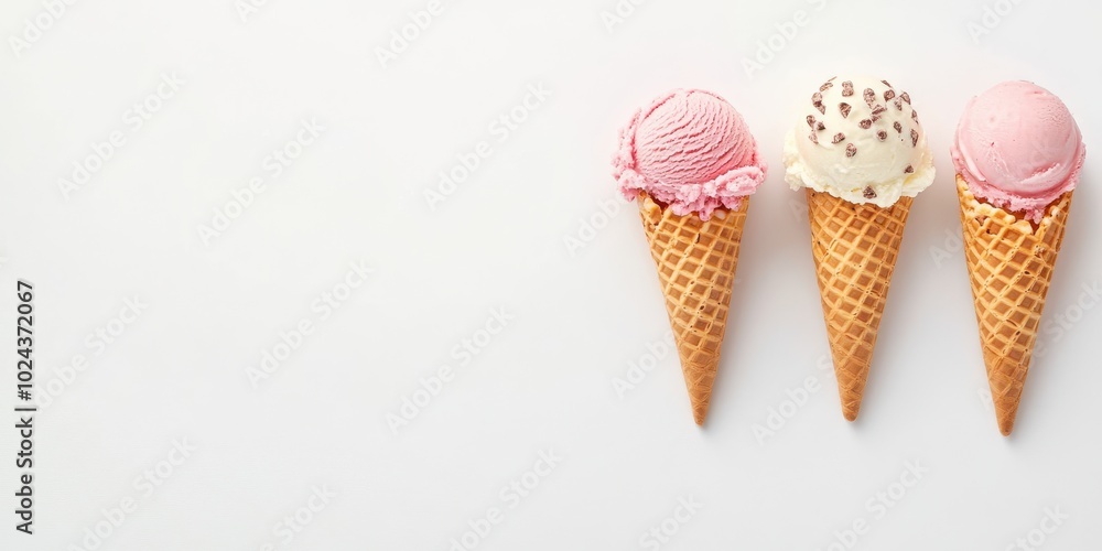 set of Ice cream scoop on waffle cone on white background set of Ice cream scoop on waffle cone on white background