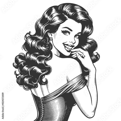 Playful smiling beautiful young woman flirty biting her little finger sketch engraving generative ai fictional character vector illustration. Scratch board imitation. Black and white image.