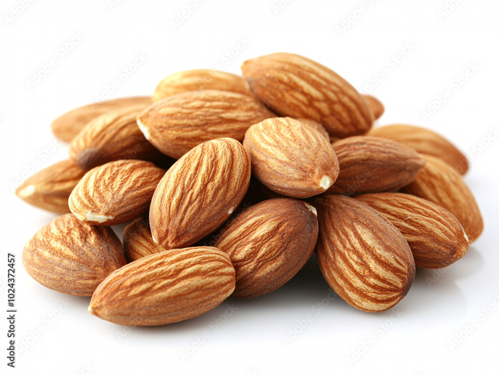 a pile of almonds on a white background. The almonds are brown and shiny. a pile of almonds on a white background. The almonds are brown and shiny.
