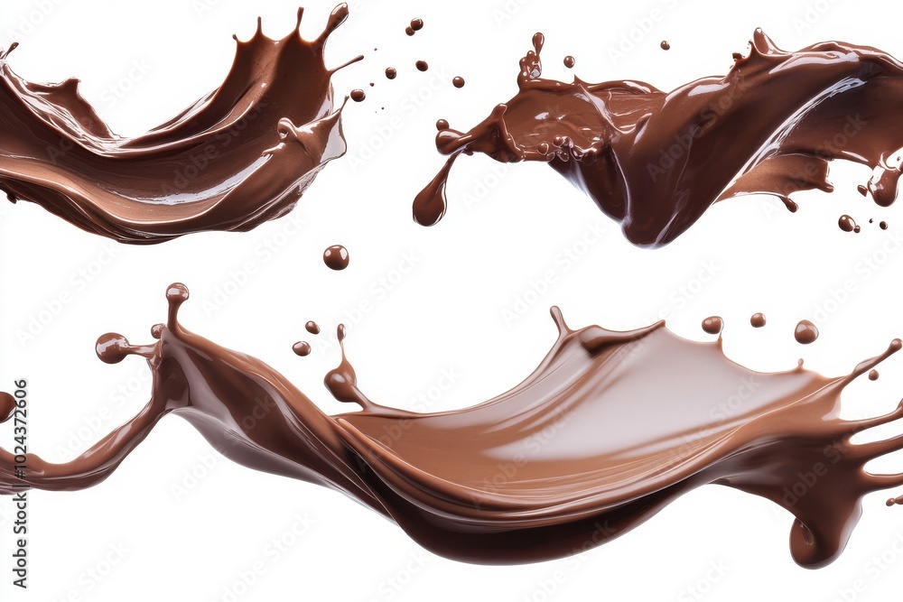 Set of Melted Chocolate wavy splash in mid air isolated on white background Set of Melted Chocolate wavy splash in mid air isolated on white background